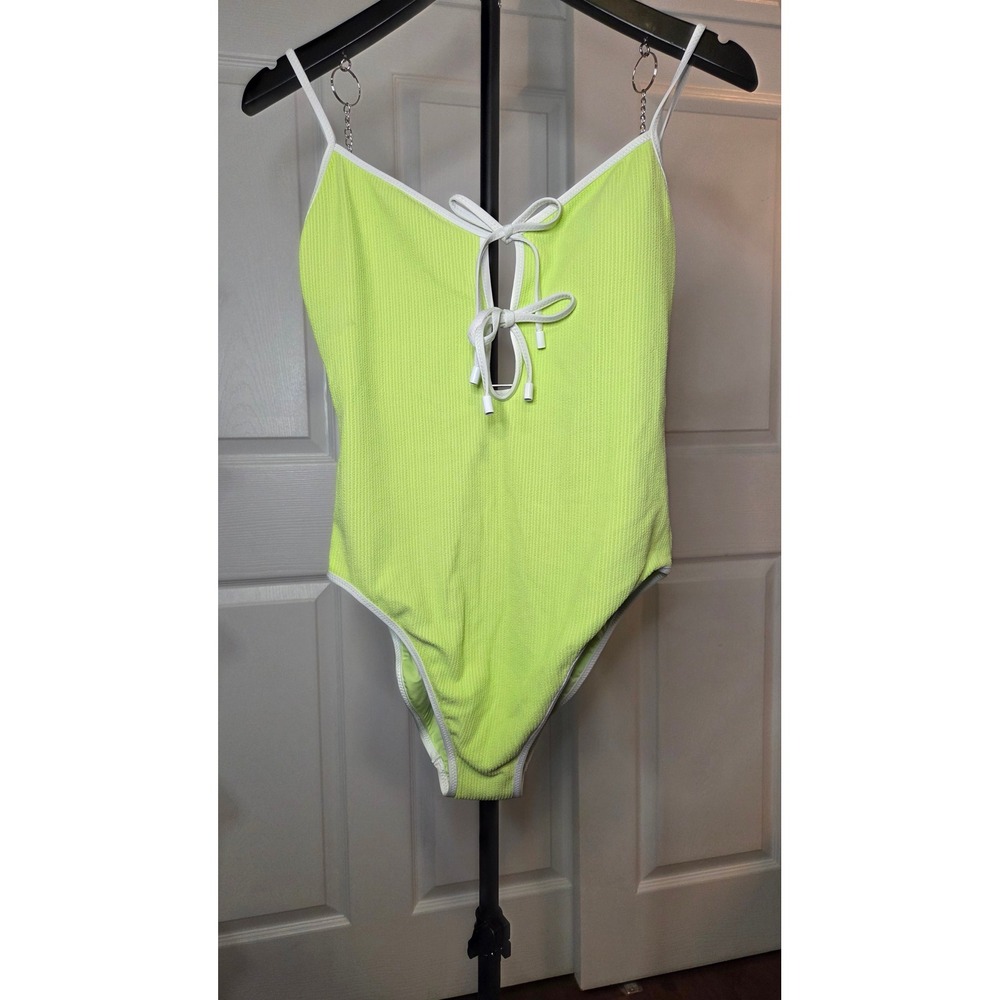 Sanctuary Daquiri Neon Lime Green Ribbed Tie Front One Piece Swimsuit SASC25226